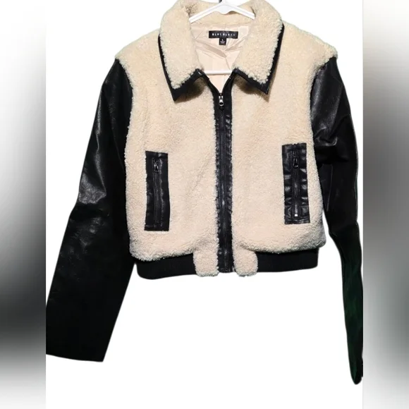 Blue Blush Black and Cream Teddy Jacket Faux Leather S, M, and Large - Picture 2 of 6